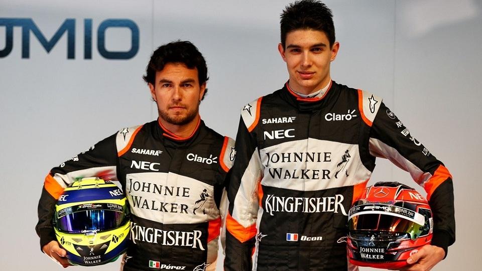 Dua pembalap Force India, Sergio Perez dan Esteban Ocon. - INDOSPORT